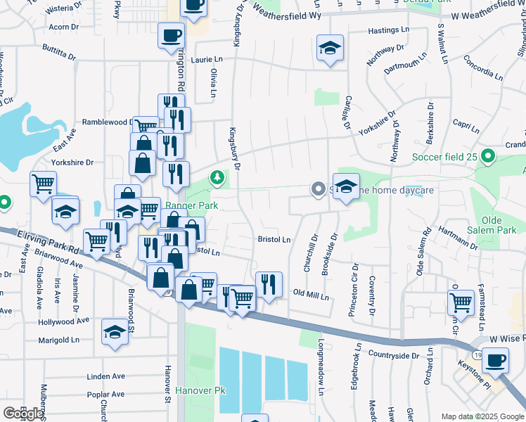 map of restaurants, bars, coffee shops, grocery stores, and more near 7605 Bristol Lane in Hanover Park