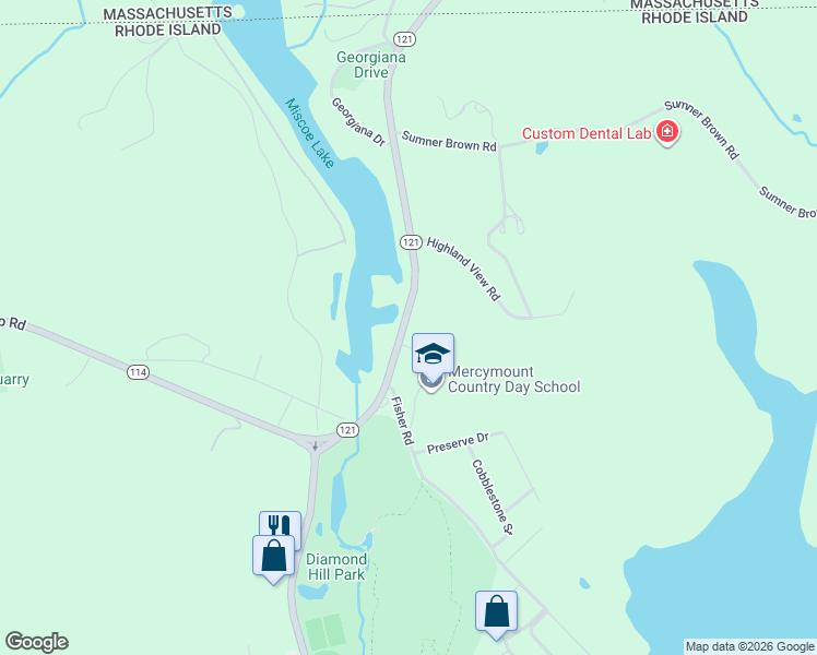 map of restaurants, bars, coffee shops, grocery stores, and more near 125 Wrentham Road in Cumberland