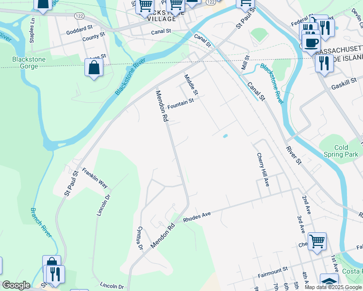 map of restaurants, bars, coffee shops, grocery stores, and more near 394 Keough Street in North Smithfield