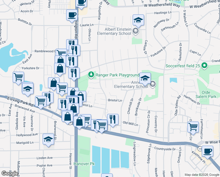 map of restaurants, bars, coffee shops, grocery stores, and more near 1308 Kingsbury Drive in Hanover Park