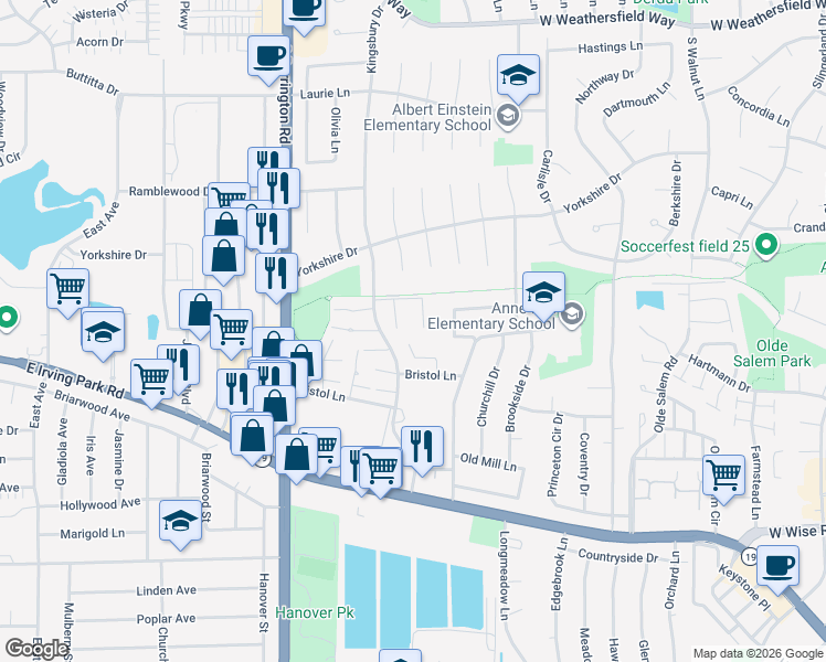 map of restaurants, bars, coffee shops, grocery stores, and more near 7605 Bristol Lane in Hanover Park