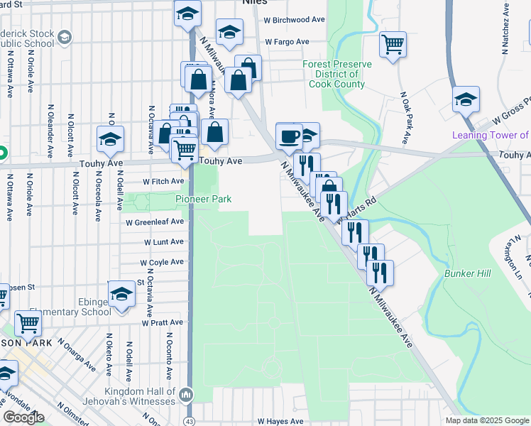 map of restaurants, bars, coffee shops, grocery stores, and more near 7063 West Touhy Avenue in Niles