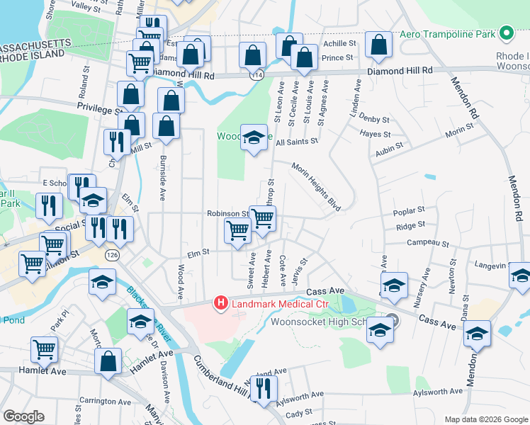 map of restaurants, bars, coffee shops, grocery stores, and more near 104 Winthrop Street in Woonsocket