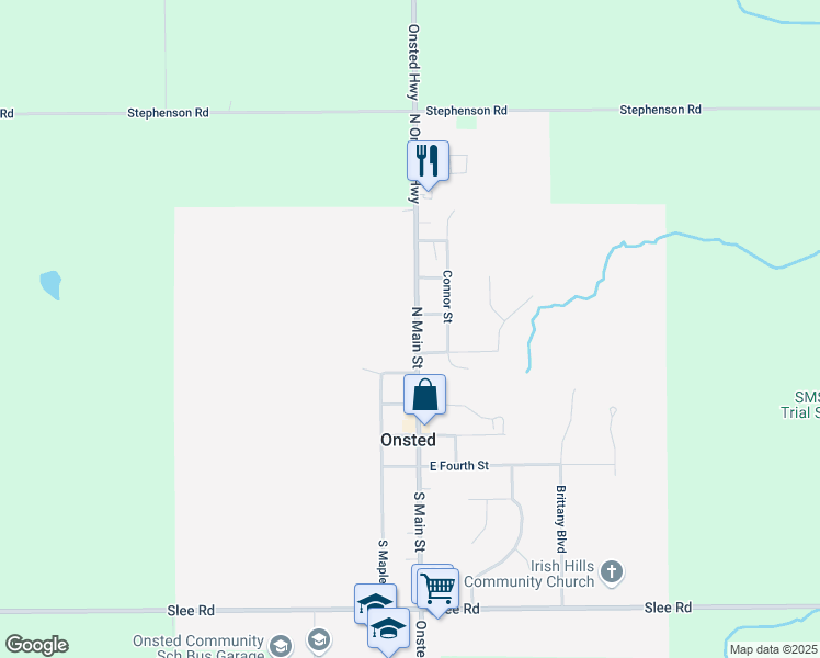 map of restaurants, bars, coffee shops, grocery stores, and more near 312 North Main Street in Onsted