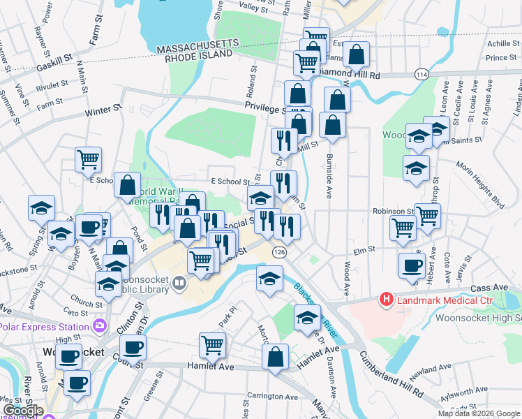 map of restaurants, bars, coffee shops, grocery stores, and more near 600 Social Street in Woonsocket