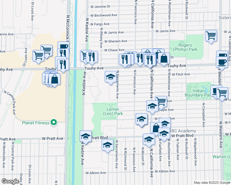 map of restaurants, bars, coffee shops, grocery stores, and more near 7030 North Sacramento Avenue in Chicago