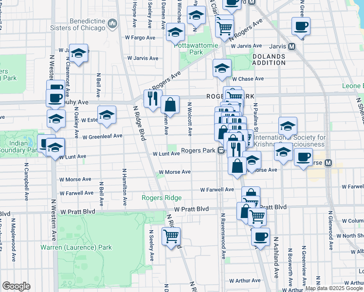 map of restaurants, bars, coffee shops, grocery stores, and more near 1932 West Lunt Avenue in Chicago