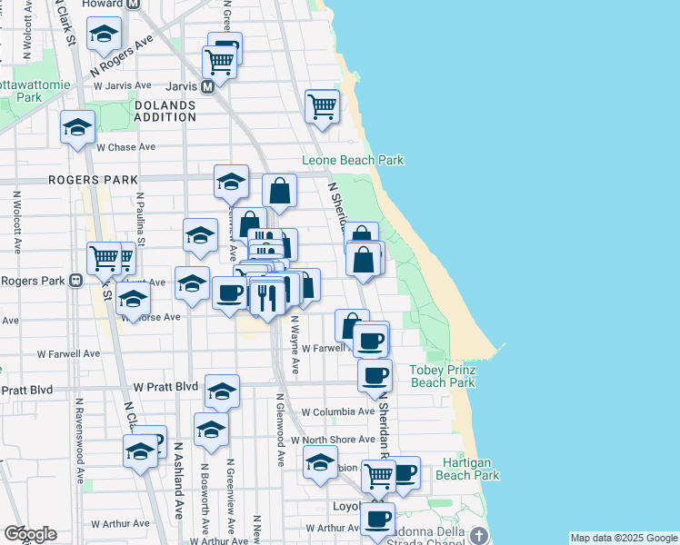 map of restaurants, bars, coffee shops, grocery stores, and more near 1218 West Lunt Avenue in Chicago