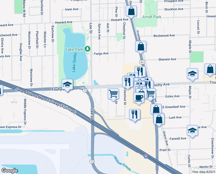 map of restaurants, bars, coffee shops, grocery stores, and more near E Touhy Ave & Barry Ave in Des Plaines