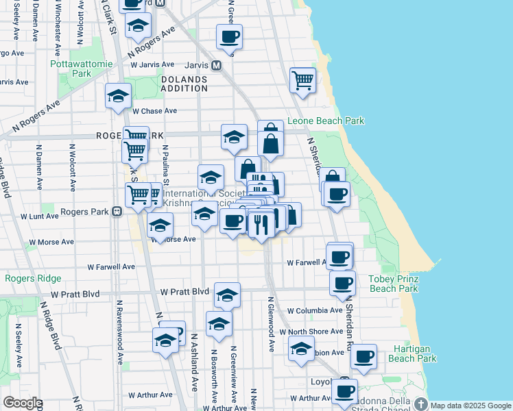 map of restaurants, bars, coffee shops, grocery stores, and more near 1416 West Lunt Avenue in Chicago