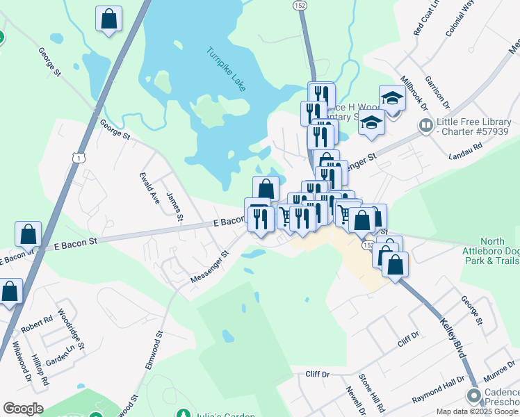 map of restaurants, bars, coffee shops, grocery stores, and more near 172 East Bacon Street in Plainville