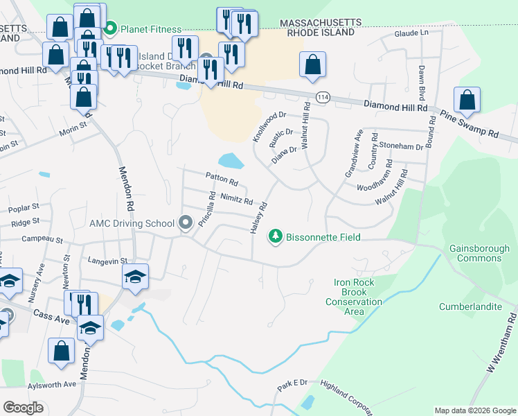 map of restaurants, bars, coffee shops, grocery stores, and more near 157 Halsey Road in Woonsocket