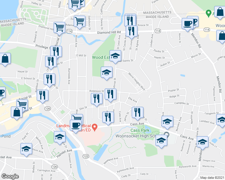 map of restaurants, bars, coffee shops, grocery stores, and more near 76 Winthrop Street in Woonsocket