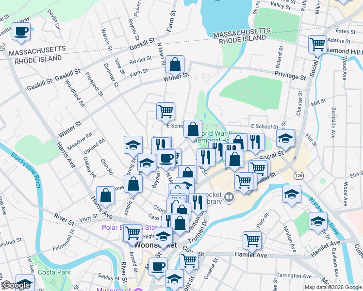 map of restaurants, bars, coffee shops, grocery stores, and more near 110 Daniels Street in Woonsocket