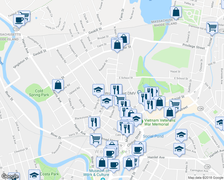 map of restaurants, bars, coffee shops, grocery stores, and more near 76 Prospect Street in Woonsocket