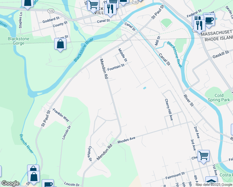 map of restaurants, bars, coffee shops, grocery stores, and more near 394 Keough Street in North Smithfield