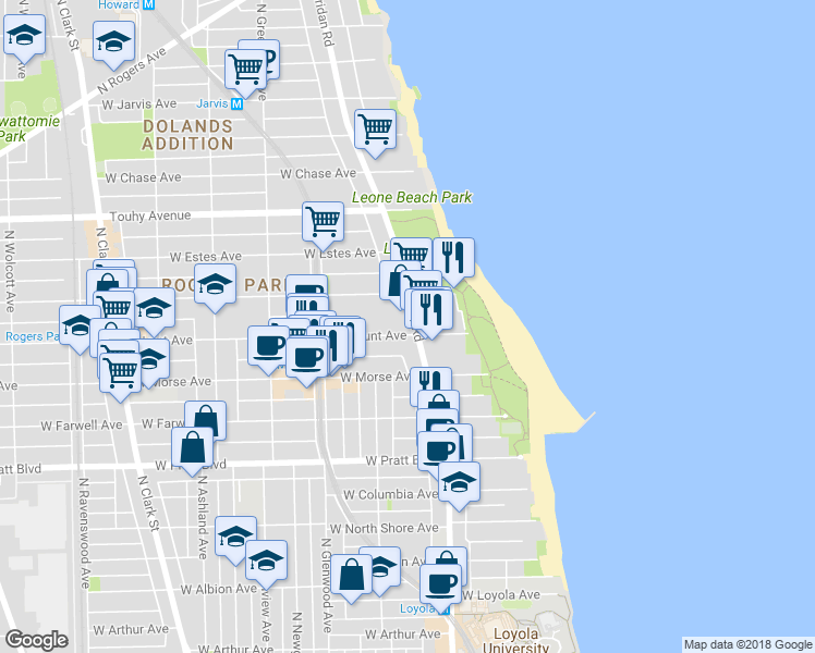 map of restaurants, bars, coffee shops, grocery stores, and more near 1215 West Lunt Avenue in Chicago