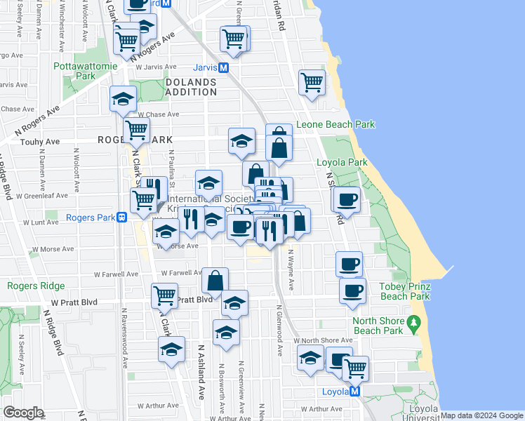 map of restaurants, bars, coffee shops, grocery stores, and more near 1445 West Lunt Avenue in Chicago