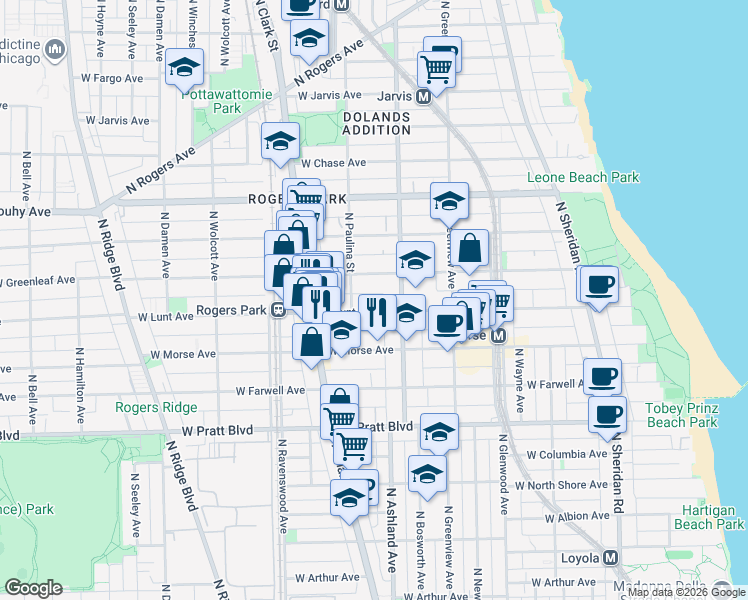 map of restaurants, bars, coffee shops, grocery stores, and more near 1642 West Lunt Avenue in Chicago