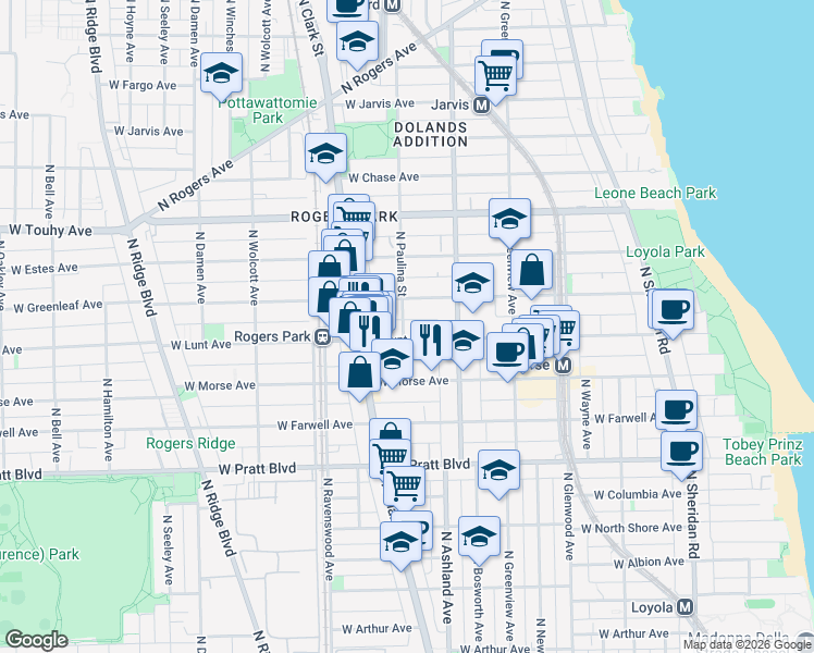 map of restaurants, bars, coffee shops, grocery stores, and more near 1642 West Lunt Avenue in Chicago