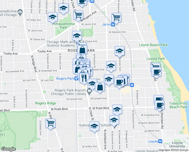 map of restaurants, bars, coffee shops, grocery stores, and more near 1642 West Lunt Avenue in Chicago