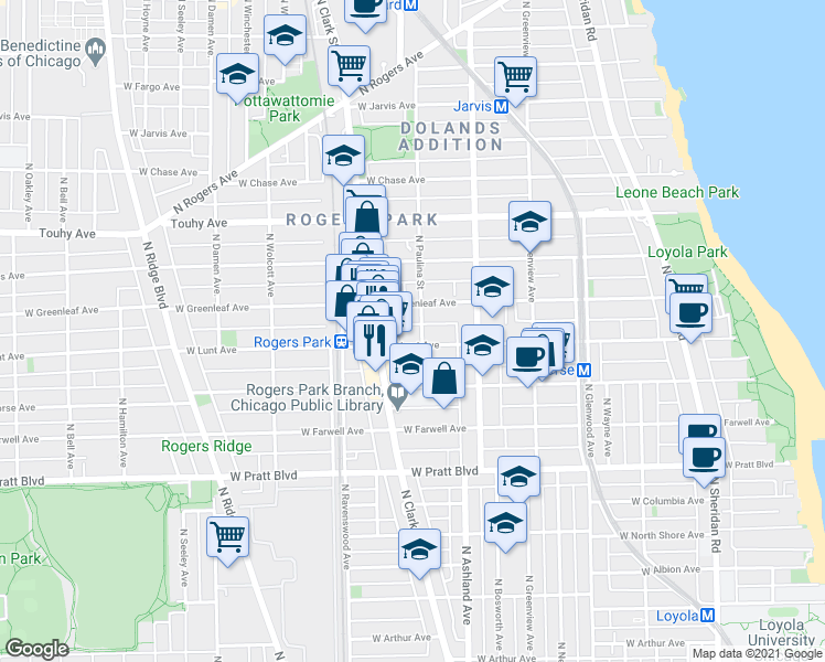 map of restaurants, bars, coffee shops, grocery stores, and more near 1642 West Lunt Avenue in Chicago
