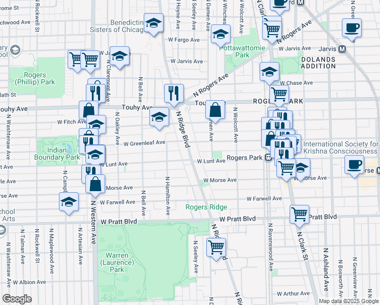 map of restaurants, bars, coffee shops, grocery stores, and more near 7004 North Ridge Boulevard in Chicago