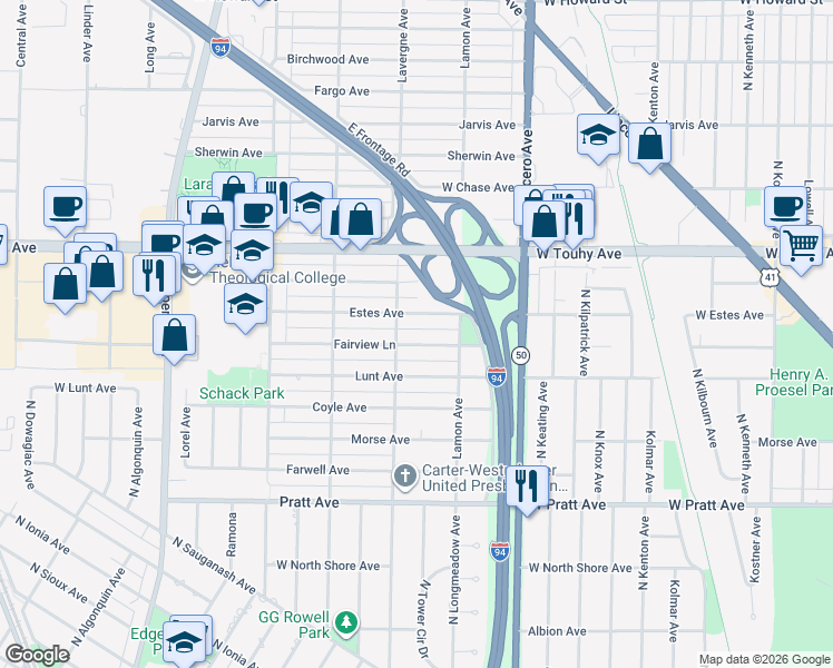 map of restaurants, bars, coffee shops, grocery stores, and more near 4927 Fairview Lane in Skokie