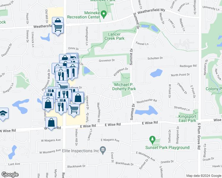 map of restaurants, bars, coffee shops, grocery stores, and more near 951 Manchester Circle in Schaumburg