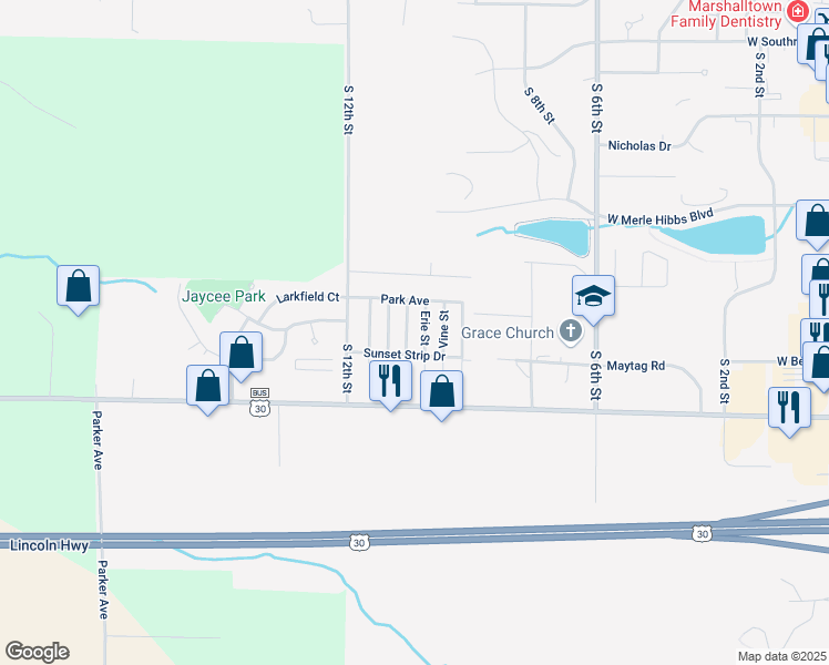 map of restaurants, bars, coffee shops, grocery stores, and more near Downing Street in Marshalltown