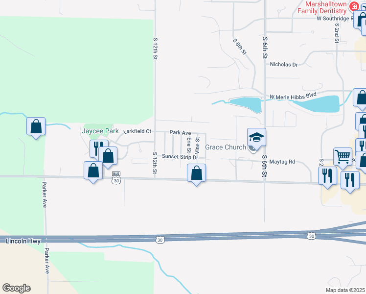 map of restaurants, bars, coffee shops, grocery stores, and more near Downing Street in Marshalltown