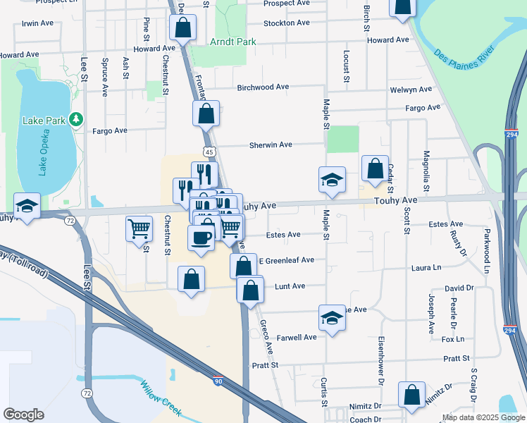map of restaurants, bars, coffee shops, grocery stores, and more near 1560 Estes Avenue in Des Plaines