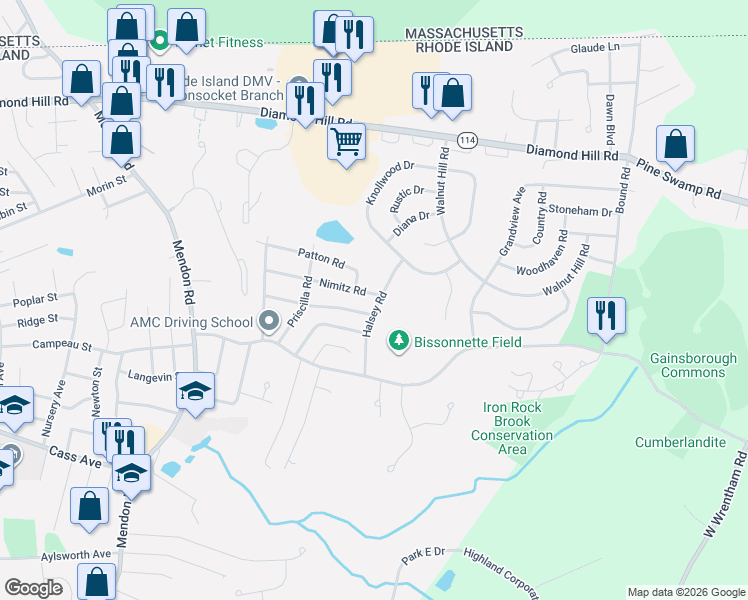 map of restaurants, bars, coffee shops, grocery stores, and more near 157 Halsey Road in Woonsocket