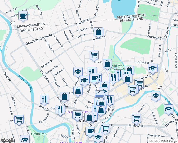 map of restaurants, bars, coffee shops, grocery stores, and more near 76 Prospect Street in Woonsocket
