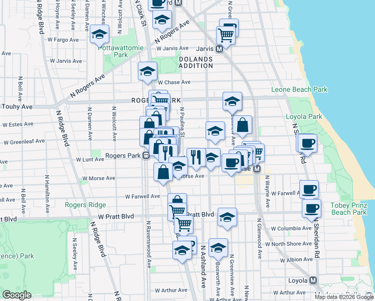 map of restaurants, bars, coffee shops, grocery stores, and more near 1642 West Lunt Avenue in Chicago