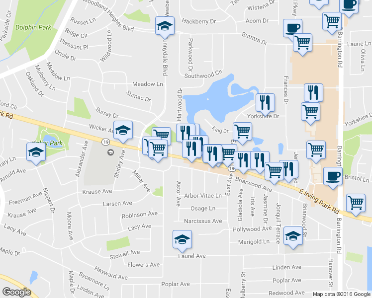 map of restaurants, bars, coffee shops, grocery stores, and more near 1102 E Irving Park Rd in Streamwood