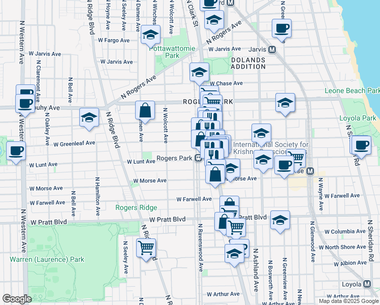 map of restaurants, bars, coffee shops, grocery stores, and more near 1809 West Lunt Avenue in Chicago