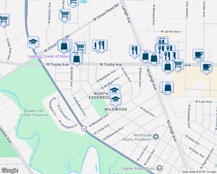map of restaurants, bars, coffee shops, grocery stores, and more near 7032 North Sioux Avenue in Chicago
