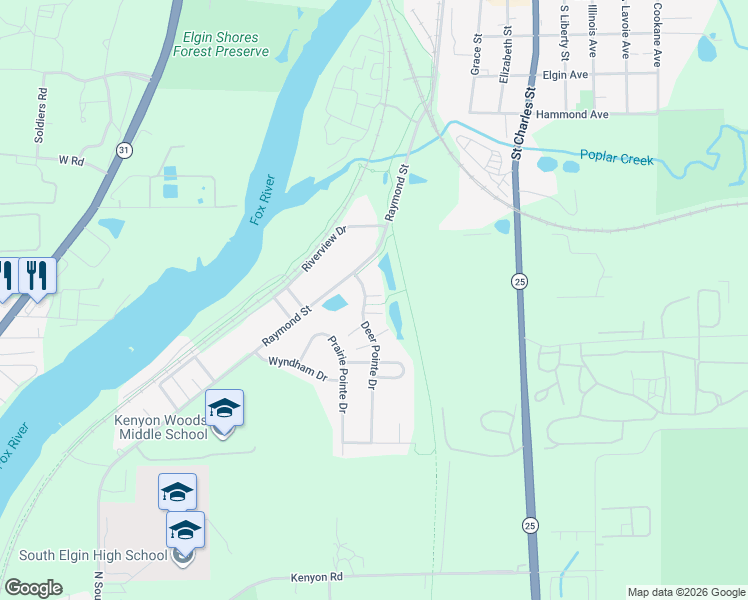 map of restaurants, bars, coffee shops, grocery stores, and more near 1569 Deer Pointe Drive in South Elgin