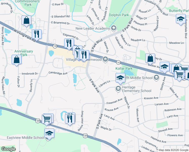 map of restaurants, bars, coffee shops, grocery stores, and more near 1305 South Park Avenue in Streamwood