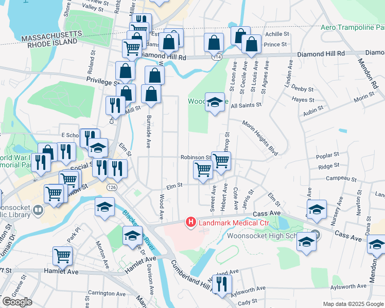 map of restaurants, bars, coffee shops, grocery stores, and more near 92 Progresso Avenue in Woonsocket