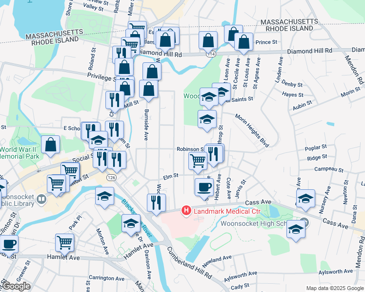 map of restaurants, bars, coffee shops, grocery stores, and more near 92 Progresso Avenue in Woonsocket