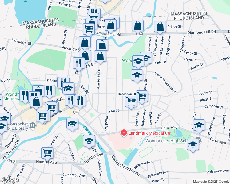 map of restaurants, bars, coffee shops, grocery stores, and more near 275 Wood Avenue in Woonsocket