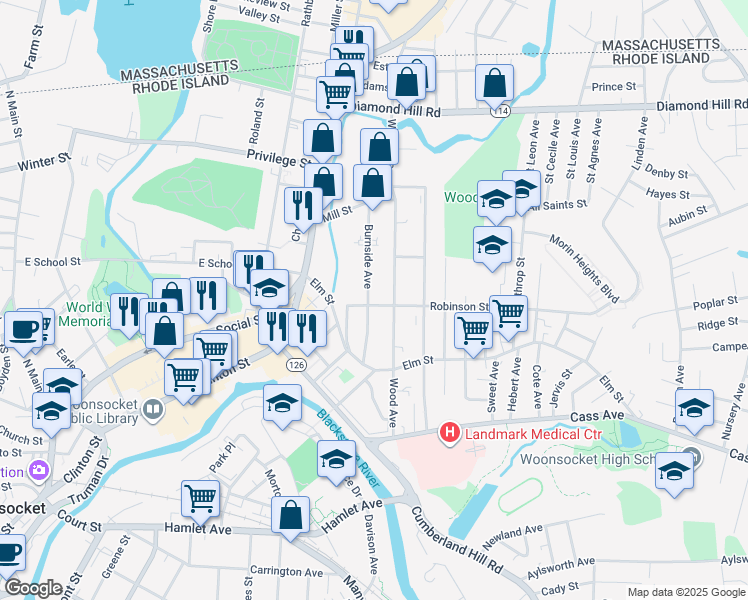 map of restaurants, bars, coffee shops, grocery stores, and more near 105 Burnside Avenue in Woonsocket