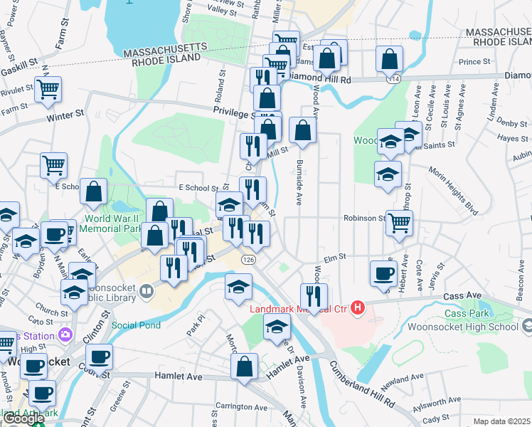 map of restaurants, bars, coffee shops, grocery stores, and more near 113 Elm Street in Woonsocket