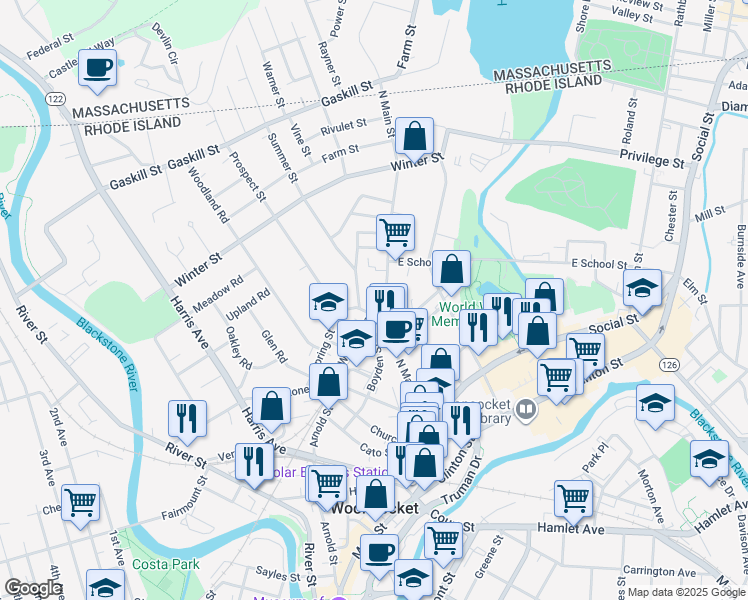map of restaurants, bars, coffee shops, grocery stores, and more near 76 Prospect Street in Woonsocket