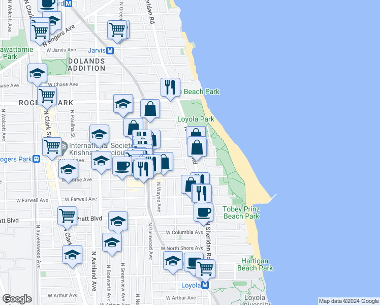 map of restaurants, bars, coffee shops, grocery stores, and more near 1215 West Lunt Avenue in Chicago