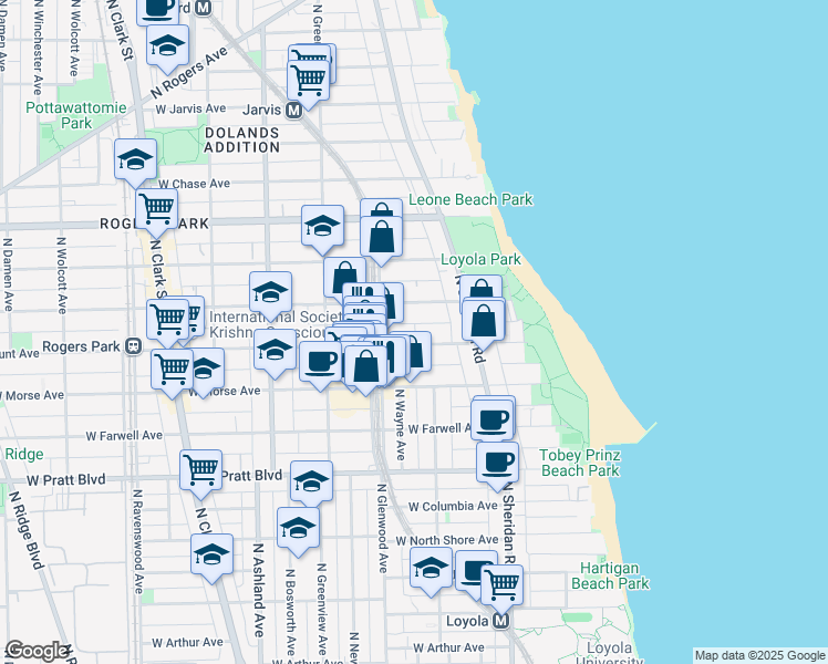 map of restaurants, bars, coffee shops, grocery stores, and more near 1317 West Lunt Avenue in Chicago