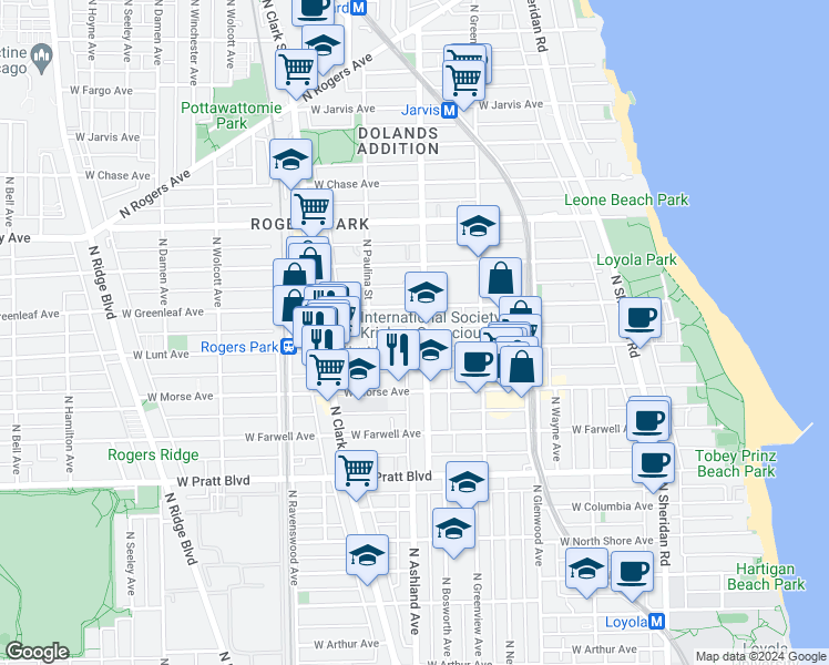 map of restaurants, bars, coffee shops, grocery stores, and more near 1605 West Lunt Avenue in Chicago