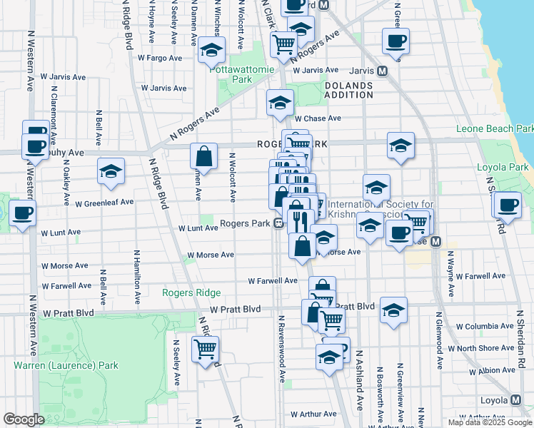 map of restaurants, bars, coffee shops, grocery stores, and more near 1809 West Lunt Avenue in Chicago